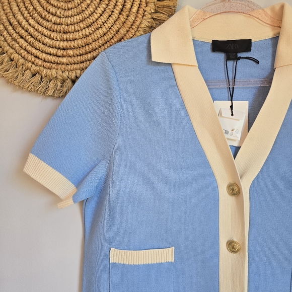 ZARA New Blue Short Sleeve Smooth Knit Gold Crest Button Lady Cardigan SZ XL - Picture 5 of 12